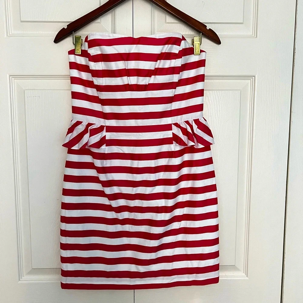 Lilly Pulitzer Maybell Azalea Pink Swizzle Stripe Peplum Strapless Dress-Size 6 - Picture 5 of 14